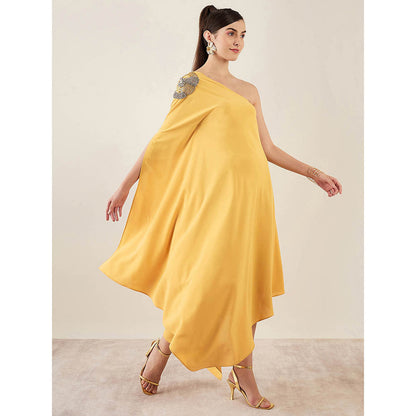 First Resort by Ramola Bachchan Mustard One-Shoulder Crystal Embroidered Dress