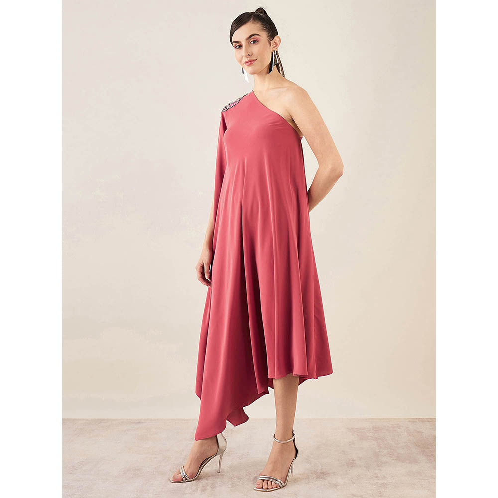 First Resort by Ramola Bachchan Rouge Red One-Shoulder Crystal Embroidered Dress