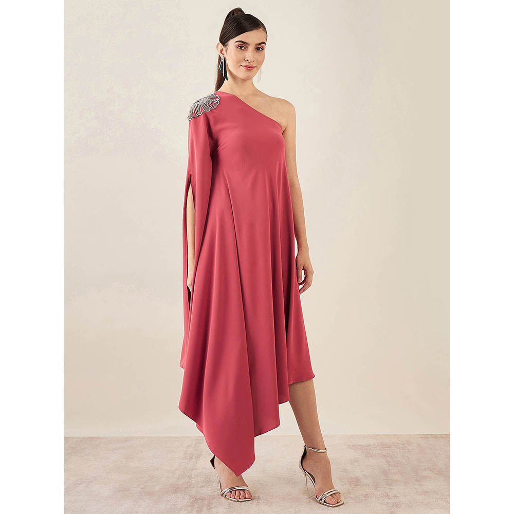 First Resort by Ramola Bachchan Rouge Red One-Shoulder Crystal Embroidered Dress