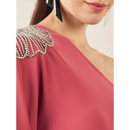 First Resort by Ramola Bachchan Rouge Red One-Shoulder Crystal Embroidered Dress