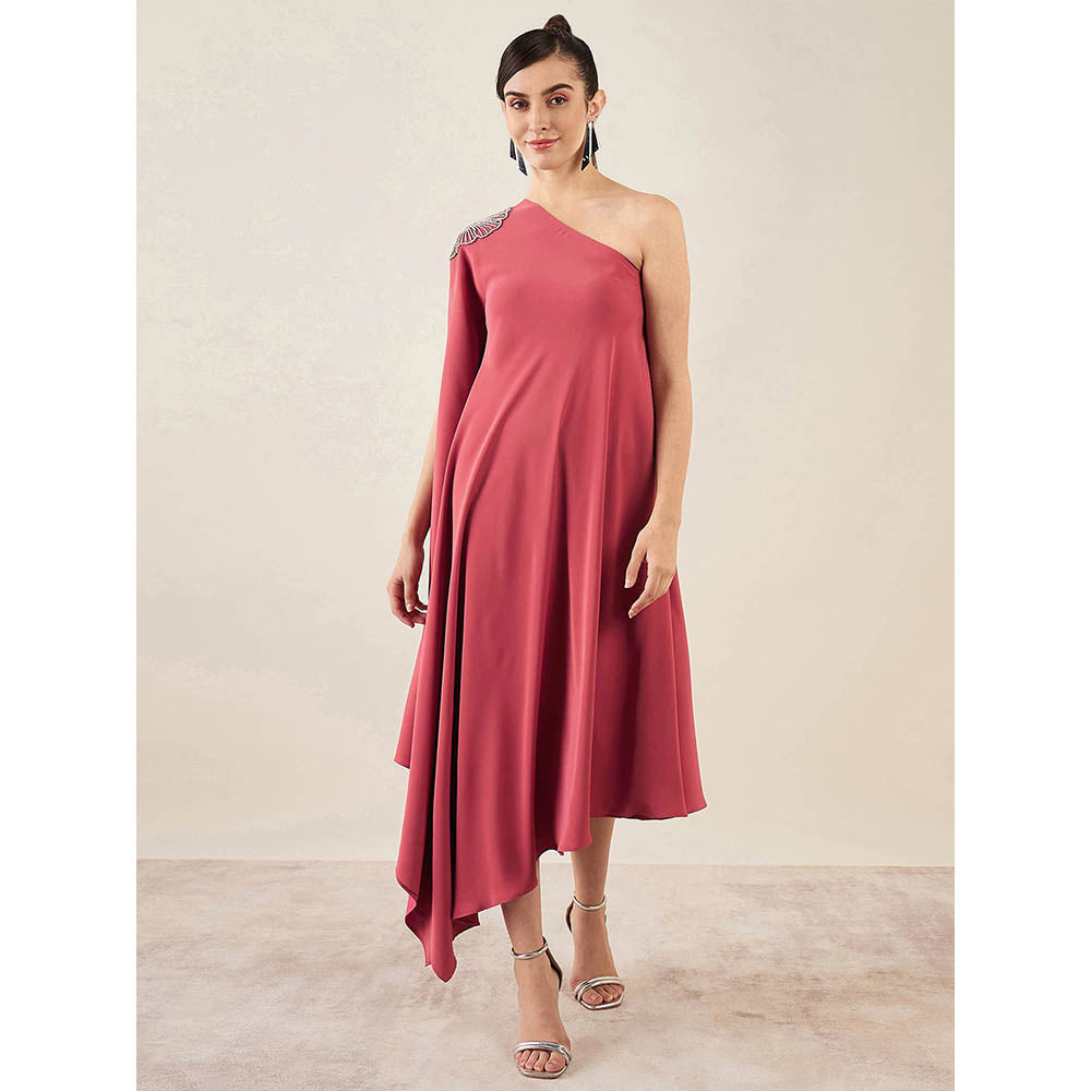 First Resort by Ramola Bachchan Rouge Red One-Shoulder Crystal Embroidered Dress