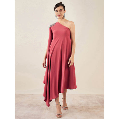 First Resort by Ramola Bachchan Rouge Red One-Shoulder Crystal Embroidered Dress