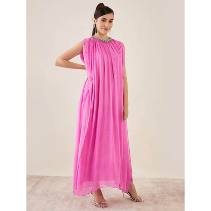 First Resort by Ramola Bachchan Pink Crystal Embroidered & Gathered Silk Full Length Dress