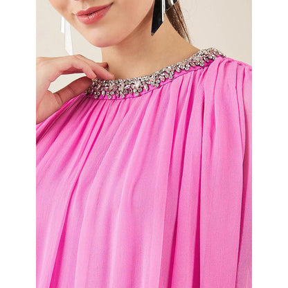 First Resort by Ramola Bachchan Pink Crystal Embroidered & Gathered Silk Full Length Dress