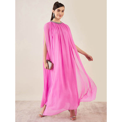 First Resort by Ramola Bachchan Pink Crystal Embroidered & Gathered Silk Full Length Dress