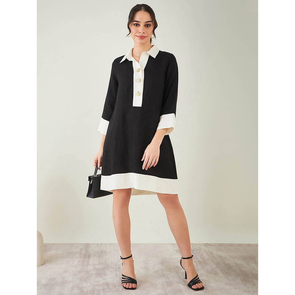 First Resort by Ramola Bachchan Black and Off-White Linen Dress