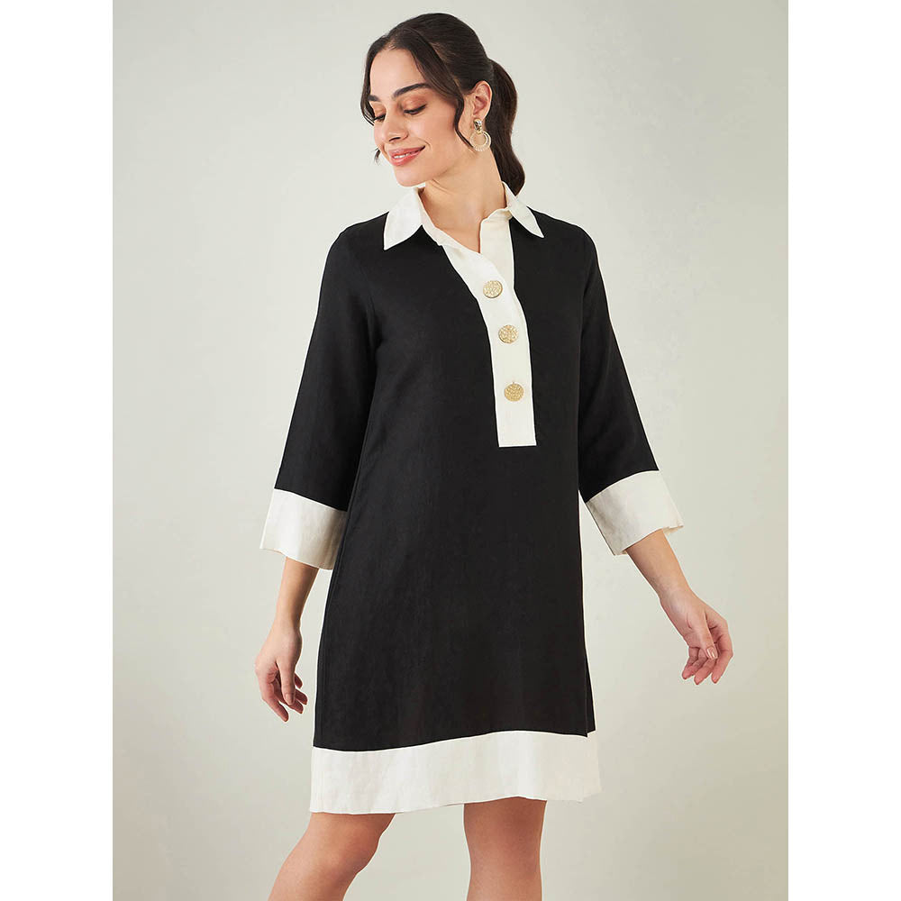 First Resort by Ramola Bachchan Black and Off-White Linen Dress