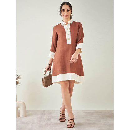 First Resort by Ramola Bachchan Brown and Off-White Linen Dress