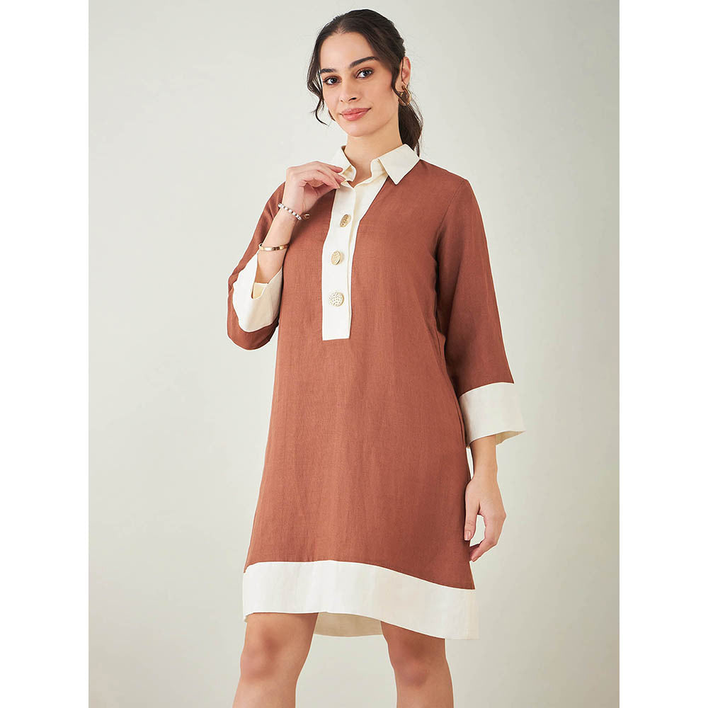 First Resort by Ramola Bachchan Brown and Off-White Linen Dress