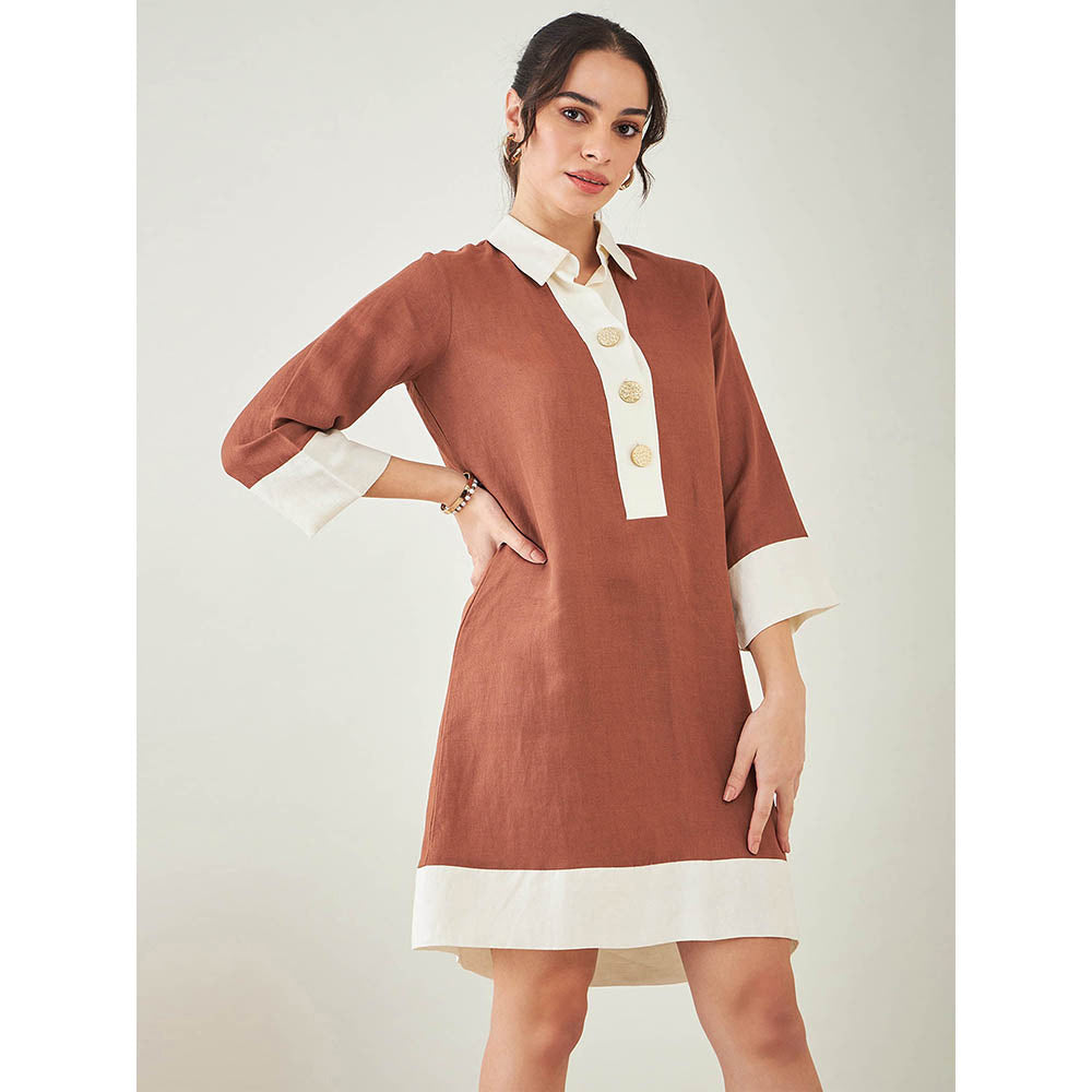 First Resort by Ramola Bachchan Brown and Off-White Linen Dress