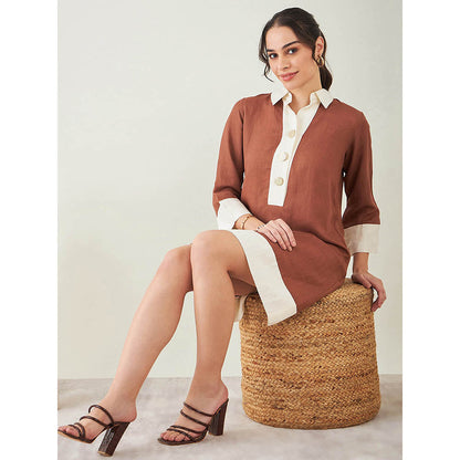 First Resort by Ramola Bachchan Brown and Off-White Linen Dress