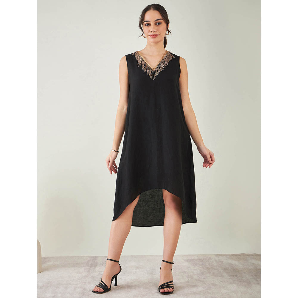First Resort by Ramola Bachchan Black A-Line Linen Dress with Cut Dana Lace Detail