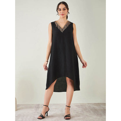 First Resort by Ramola Bachchan Black A-Line Linen Dress with Cut Dana Lace Detail