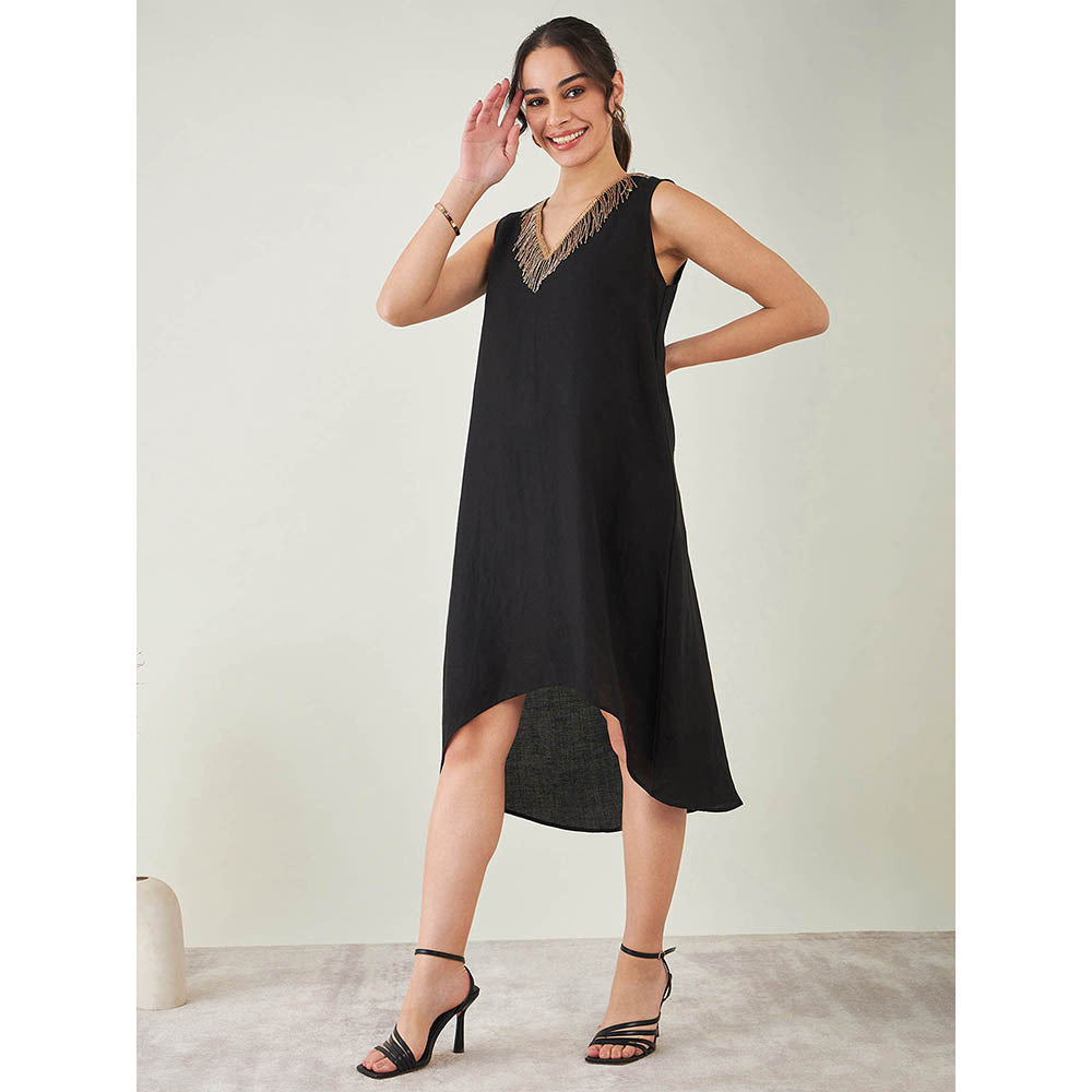 First Resort by Ramola Bachchan Black A-Line Linen Dress with Cut Dana Lace Detail