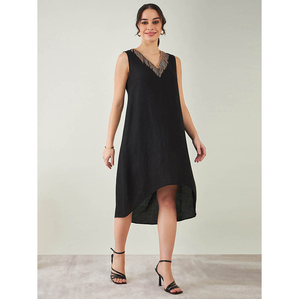 First Resort by Ramola Bachchan Black A-Line Linen Dress with Cut Dana Lace Detail