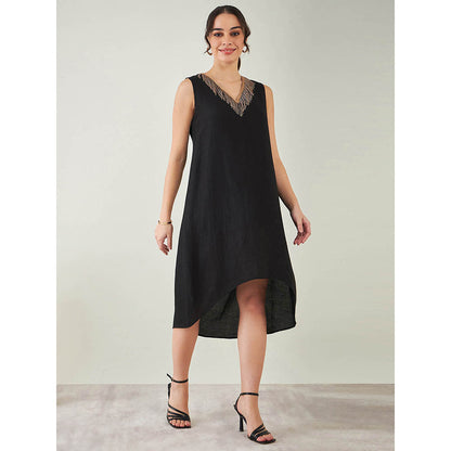 First Resort by Ramola Bachchan Black A-Line Linen Dress with Cut Dana Lace Detail