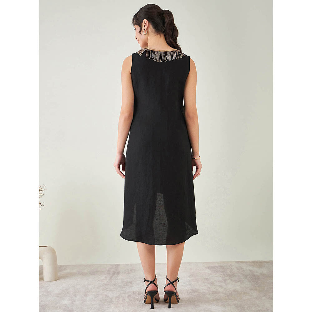 First Resort by Ramola Bachchan Black A-Line Linen Dress with Cut Dana Lace Detail