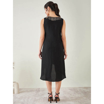 First Resort by Ramola Bachchan Black A-Line Linen Dress with Cut Dana Lace Detail