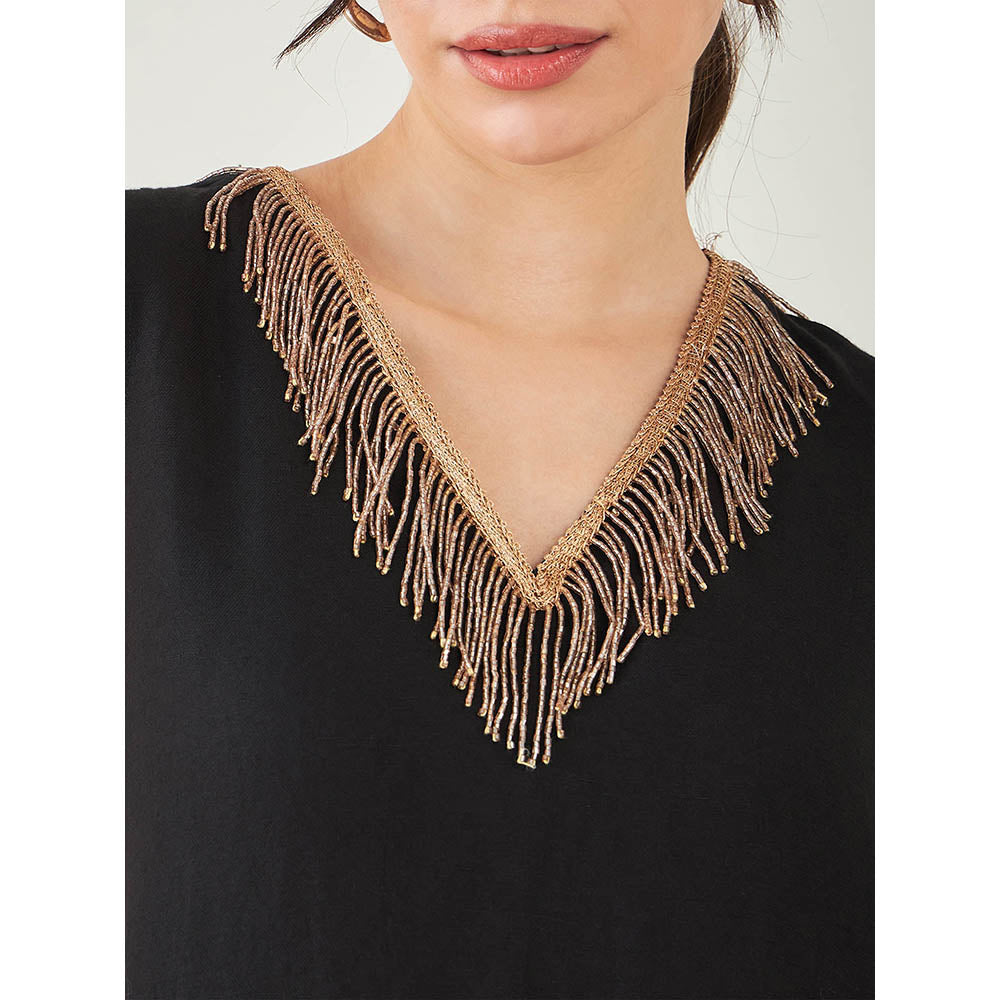 First Resort by Ramola Bachchan Black A-Line Linen Dress with Cut Dana Lace Detail