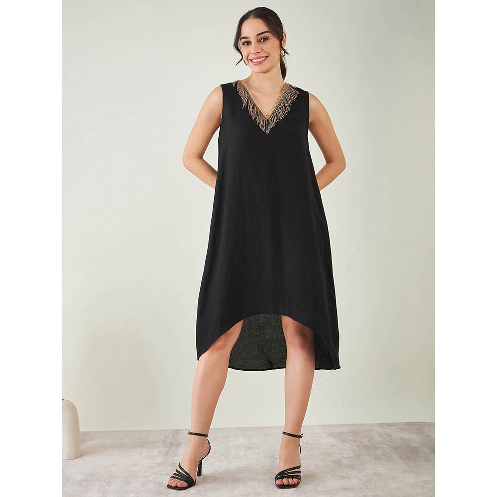 First Resort by Ramola Bachchan Black A-Line Linen Dress with Cut Dana Lace Detail