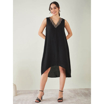 First Resort by Ramola Bachchan Black A-Line Linen Dress with Cut Dana Lace Detail