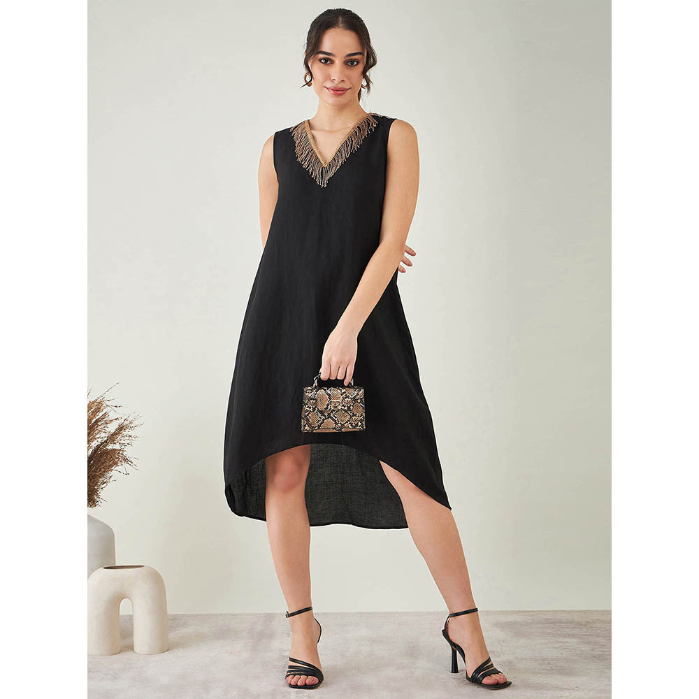 First Resort by Ramola Bachchan Black A-Line Linen Dress with Cut Dana Lace Detail
