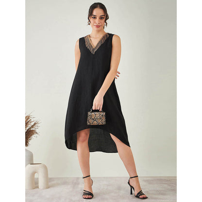 First Resort by Ramola Bachchan Black A-Line Linen Dress with Cut Dana Lace Detail
