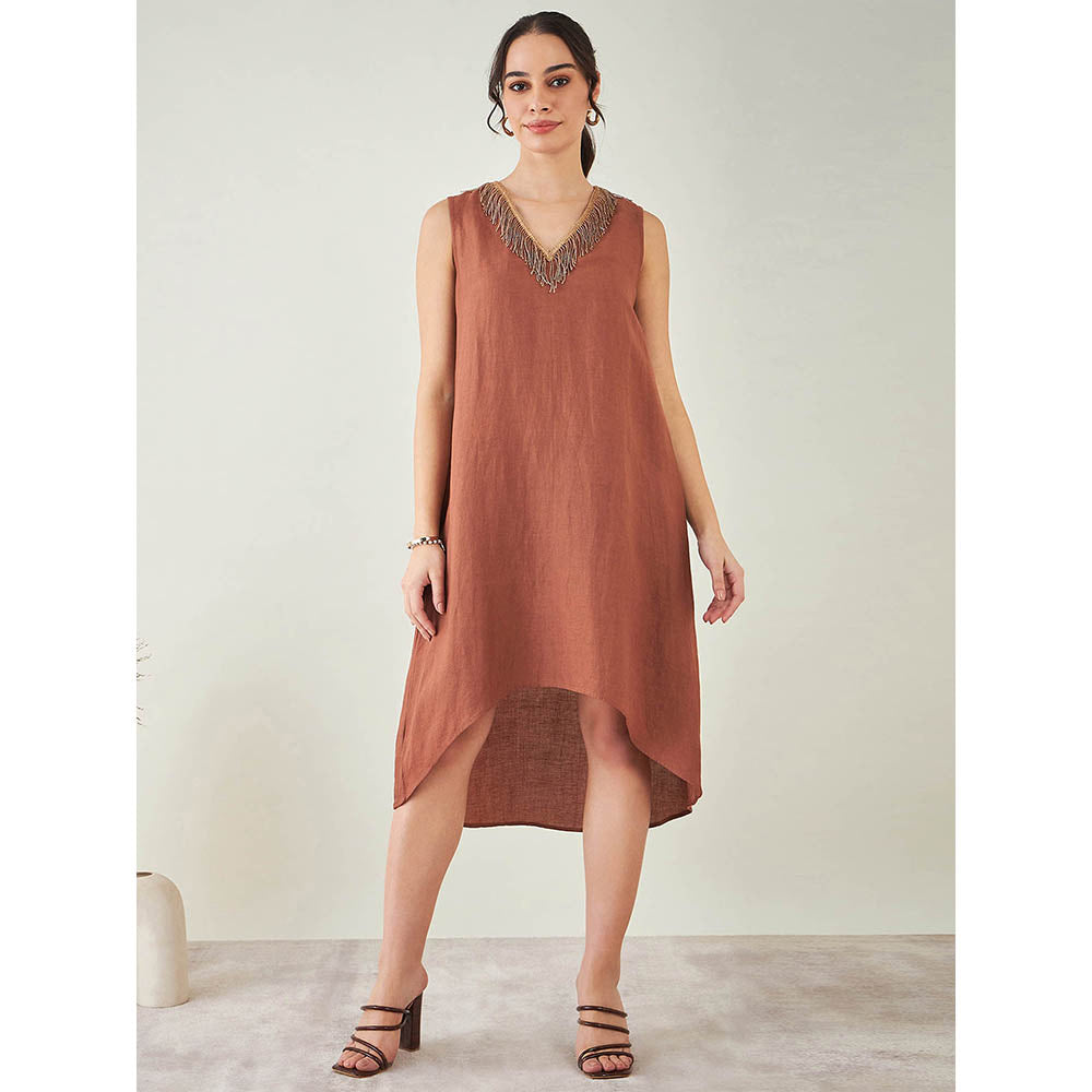 First Resort by Ramola Bachchan Brown A-Line Linen Dress with Cut Dana Lace Detail