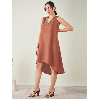 First Resort by Ramola Bachchan Brown A-Line Linen Dress with Cut Dana Lace Detail