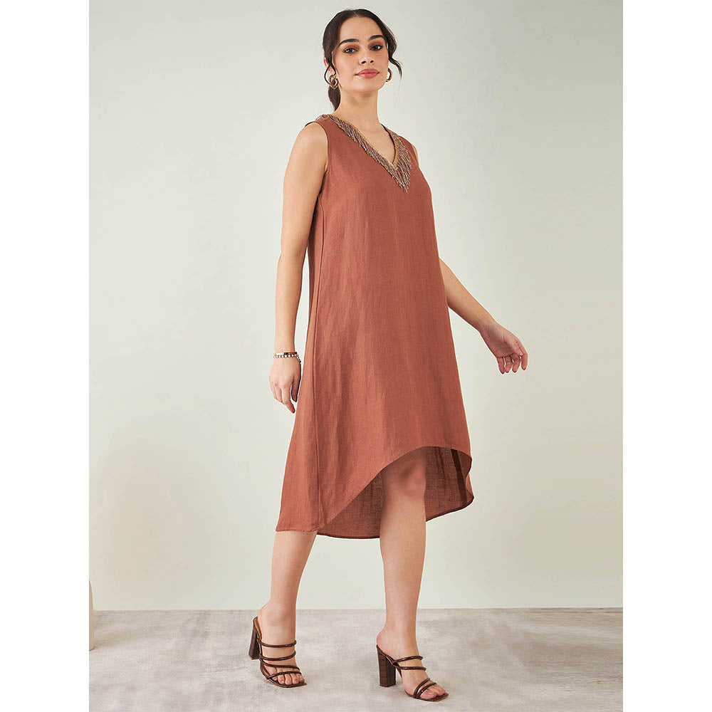 First Resort by Ramola Bachchan Brown A-Line Linen Dress with Cut Dana Lace Detail