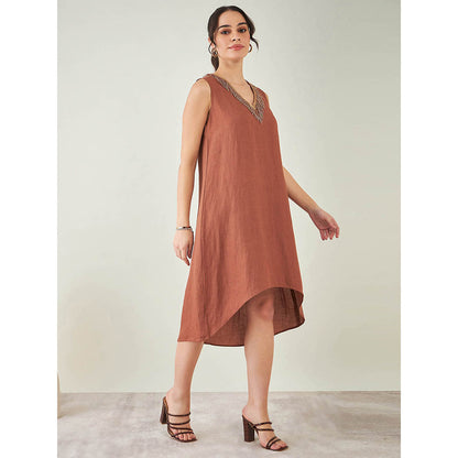 First Resort by Ramola Bachchan Brown A-Line Linen Dress with Cut Dana Lace Detail