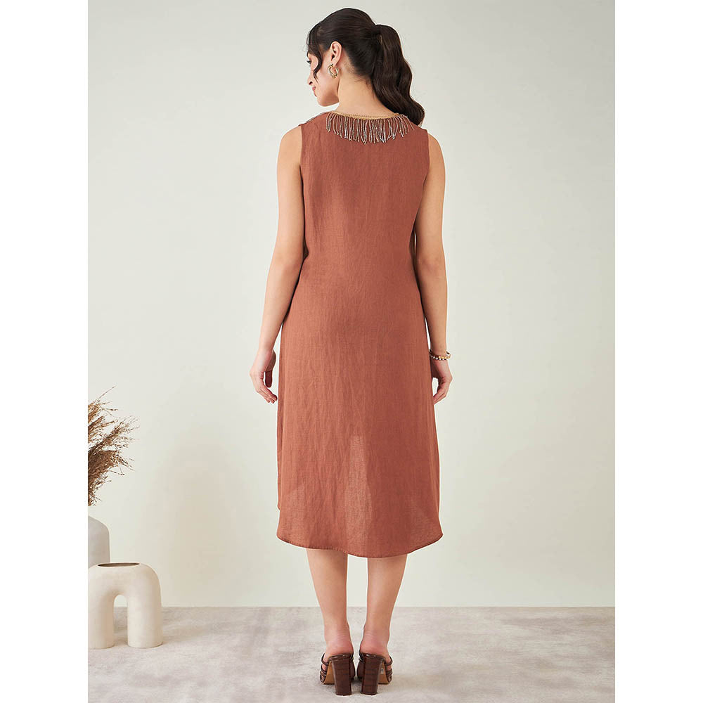 First Resort by Ramola Bachchan Brown A-Line Linen Dress with Cut Dana Lace Detail