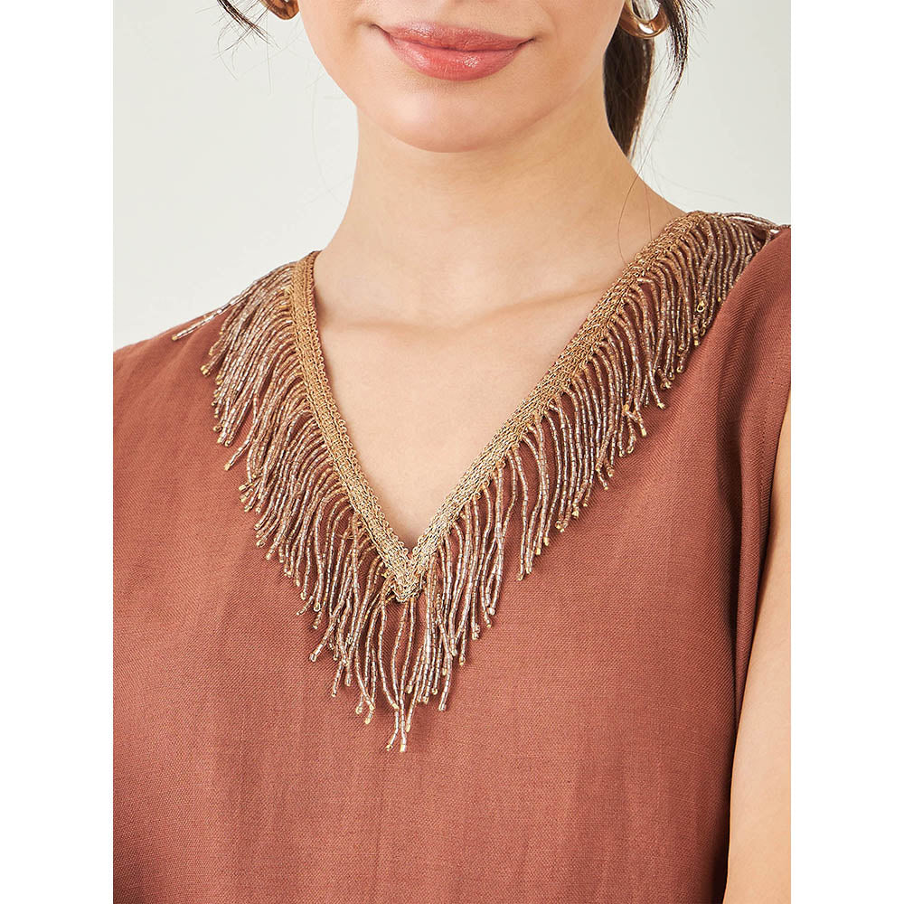 First Resort by Ramola Bachchan Brown A-Line Linen Dress with Cut Dana Lace Detail