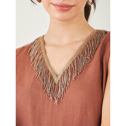 First Resort by Ramola Bachchan Brown A-Line Linen Dress with Cut Dana Lace Detail