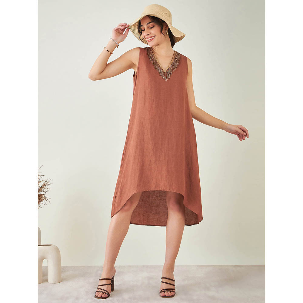First Resort by Ramola Bachchan Brown A-Line Linen Dress with Cut Dana Lace Detail