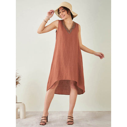 First Resort by Ramola Bachchan Brown A-Line Linen Dress with Cut Dana Lace Detail