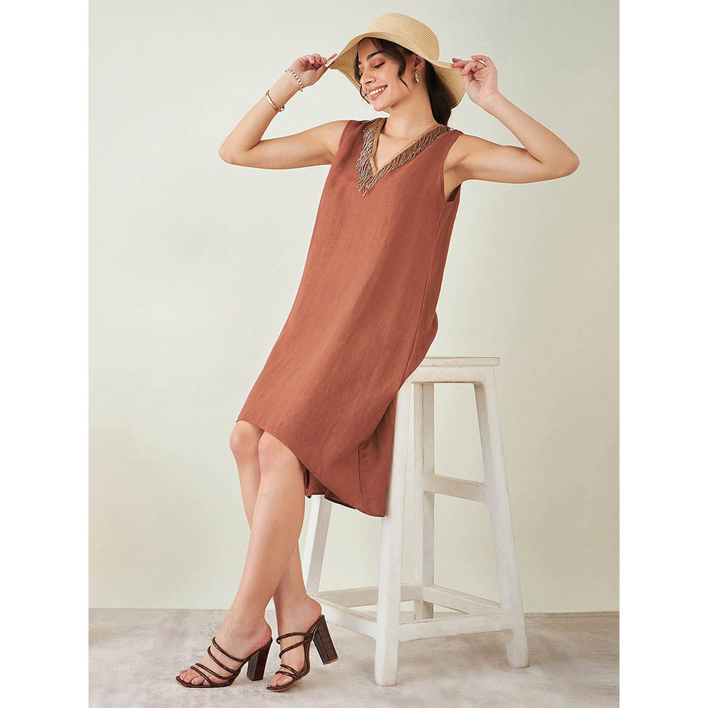 First Resort by Ramola Bachchan Brown A-Line Linen Dress with Cut Dana Lace Detail