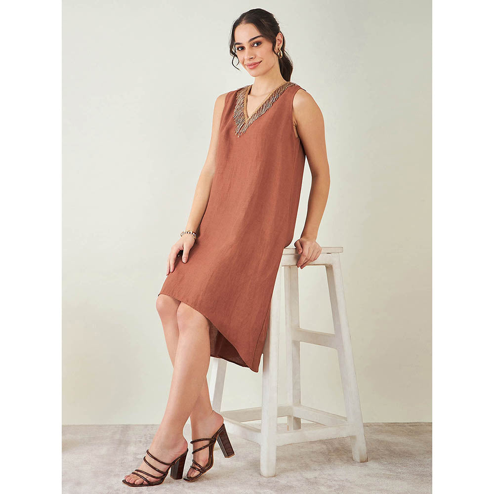 First Resort by Ramola Bachchan Brown A-Line Linen Dress with Cut Dana Lace Detail