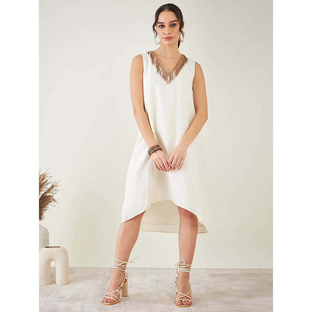First Resort by Ramola Bachchan Off-White A-Line Linen Dress with Cut Dana Lace Detail