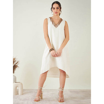 First Resort by Ramola Bachchan Off-White A-Line Linen Dress with Cut Dana Lace Detail