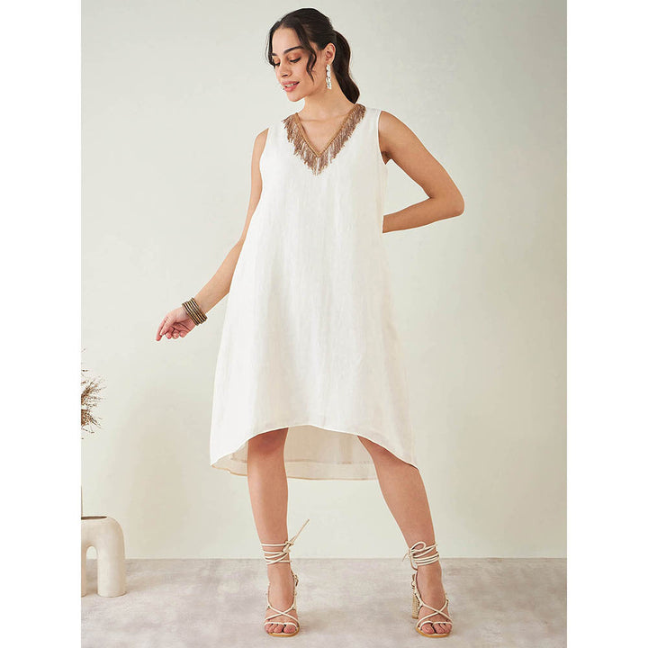 First Resort by Ramola Bachchan Off-White A-Line Linen Dress with Cut Dana Lace Detail