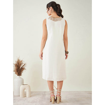 First Resort by Ramola Bachchan Off-White A-Line Linen Dress with Cut Dana Lace Detail