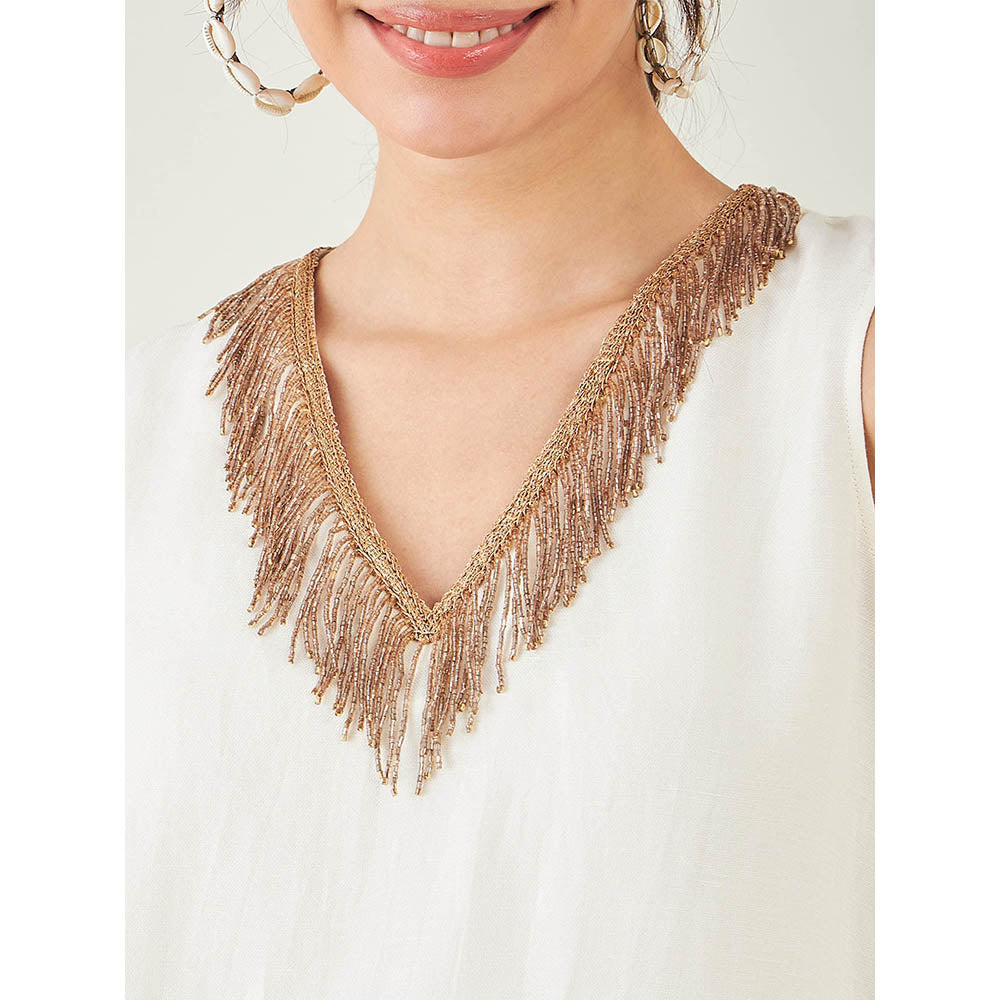 First Resort by Ramola Bachchan Off-White A-Line Linen Dress with Cut Dana Lace Detail