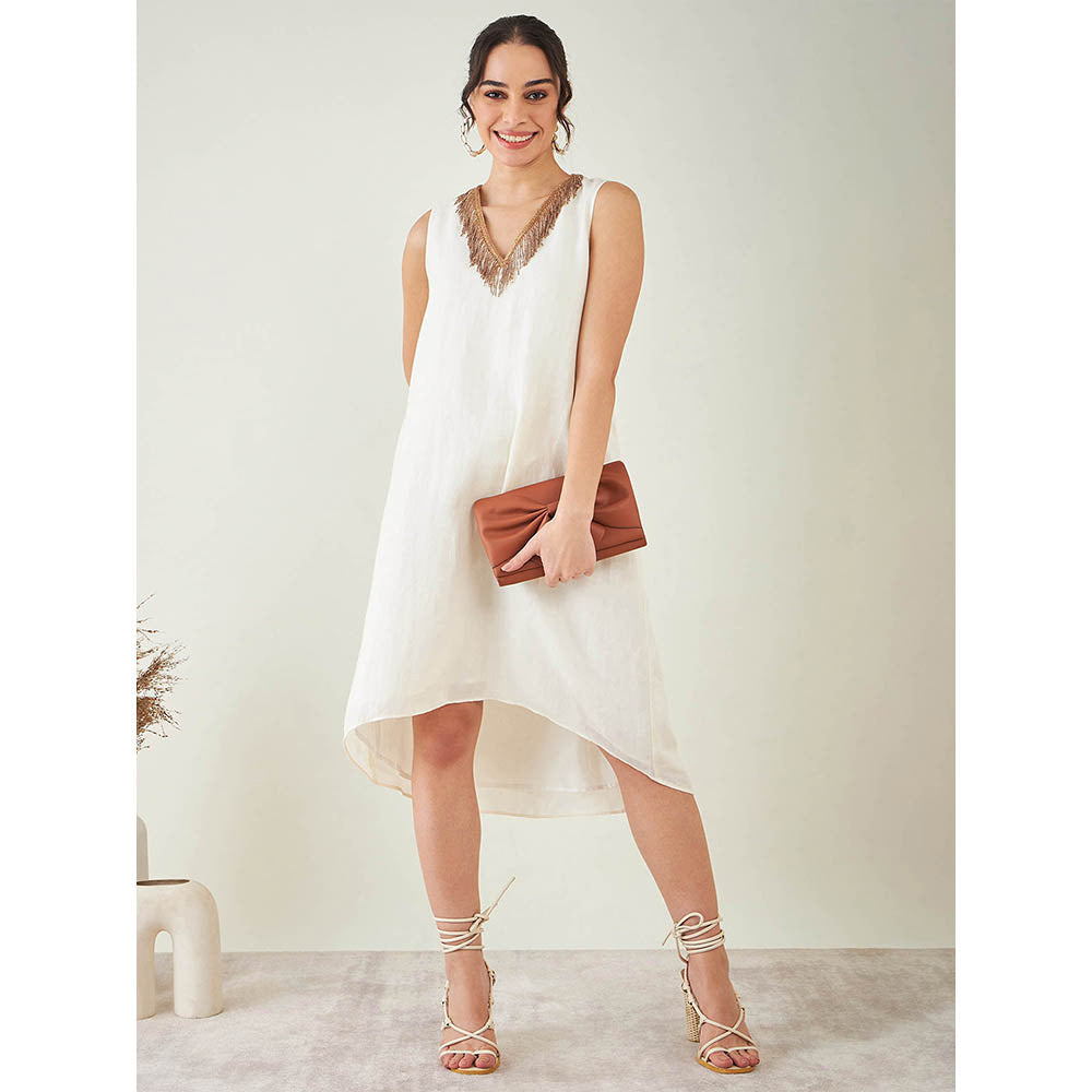 First Resort by Ramola Bachchan Off-White A-Line Linen Dress with Cut Dana Lace Detail