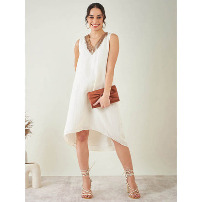 First Resort by Ramola Bachchan Off-White A-Line Linen Dress with Cut Dana Lace Detail