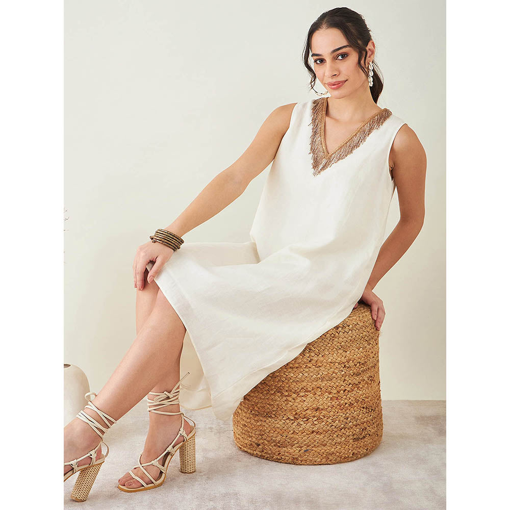 First Resort by Ramola Bachchan Off-White A-Line Linen Dress with Cut Dana Lace Detail