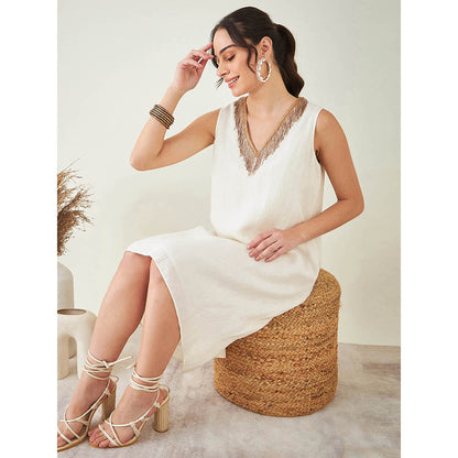 First Resort by Ramola Bachchan Off-White A-Line Linen Dress with Cut Dana Lace Detail