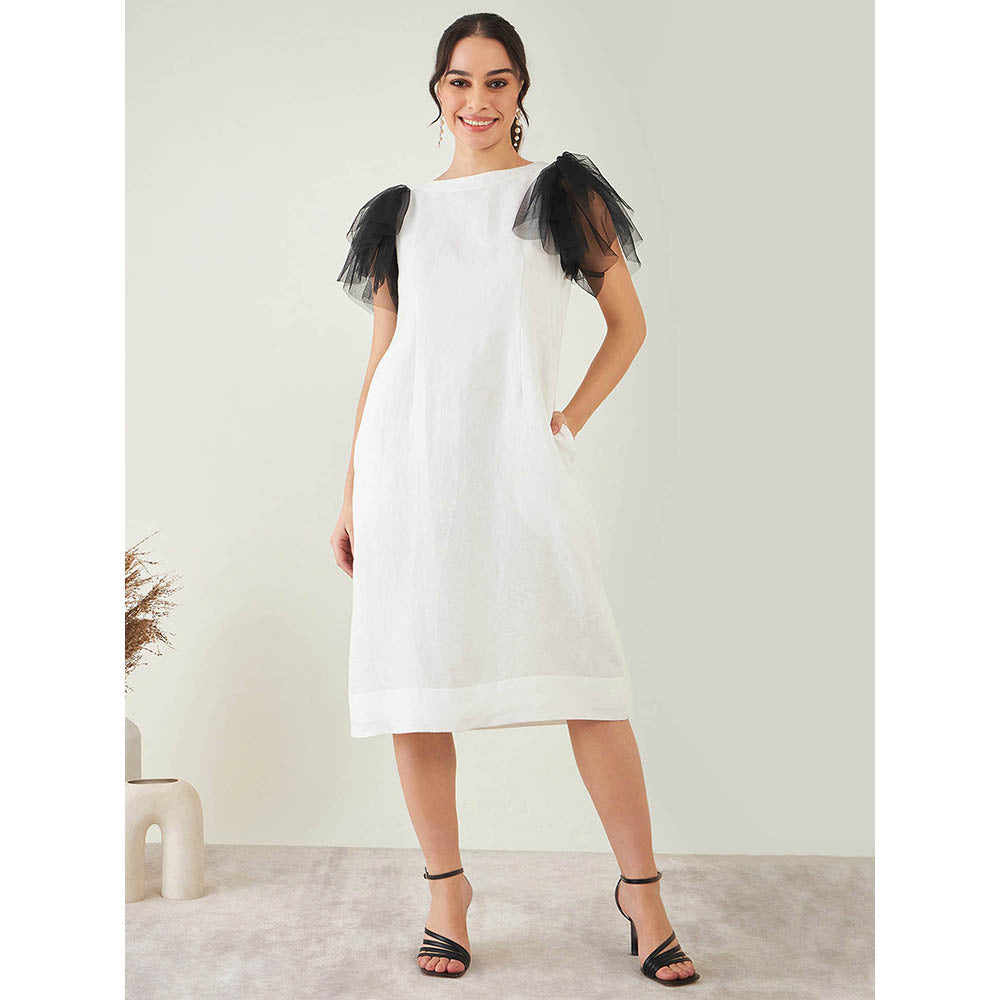 First Resort by Ramola Bachchan Off-White Linen Dress with Black Net Sleeves