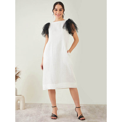 First Resort by Ramola Bachchan Off-White Linen Dress with Black Net Sleeves