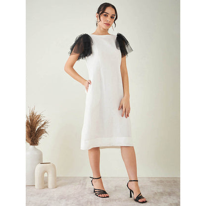 First Resort by Ramola Bachchan Off-White Linen Dress with Black Net Sleeves